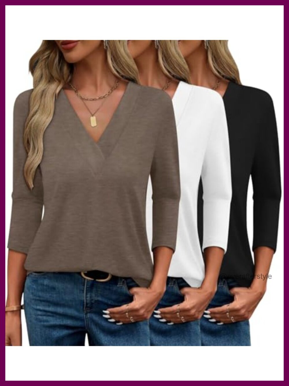 3/4 Sleeve V Neck Tops Casual T Shirts Loose Blouses 3 Pack
